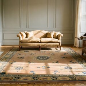 Antique Chinese Room Size Wool Dusty Rug (SKU 23993) - styled overhead view