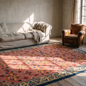 Antique Chinese Wool Pile Room Size Floral Pomegranate Design Coral Art Deco Rug (SKU 22308) - room view
