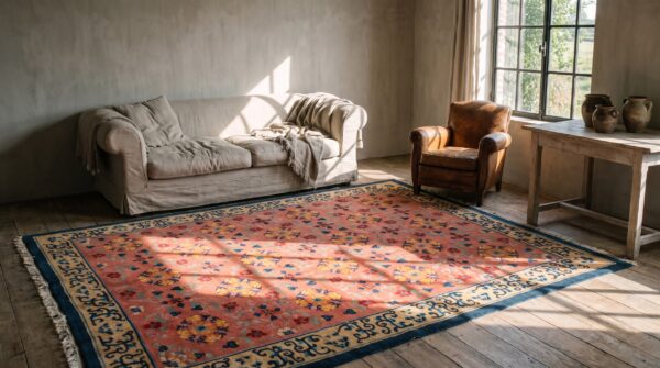 Antique chinese wool pile room size floral pomegranate design coral art deco rug 7 Antique chinese wool pile room size floral pomegranate design coral art deco rug (sku 22308) - room view