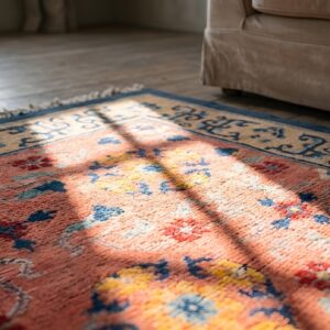 Antique Chinese Wool Pile Room Size Floral Pomegranate Design Coral Art Deco Rug (SKU 22308) - in-room detail