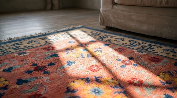 Antique chinese wool pile room size floral pomegranate design coral art deco rug 8 Antique chinese wool pile room size floral pomegranate design coral art deco rug (sku 22308) - in-room detail