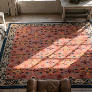 Antique Chinese Wool Pile Room Size Floral Pomegranate Design Coral Art Deco Rug (SKU 22308) - styled overhead view