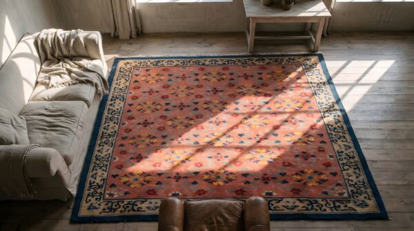 Antique chinese wool pile room size floral pomegranate design coral art deco rug 2 Antique chinese wool pile room size floral pomegranate design coral art deco rug (sku 22308) - styled overhead view