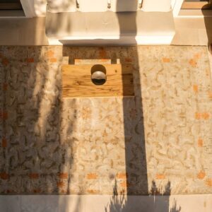 Antique Chinese Room Size Wool Ivory Rug (SKU 23471) - styled overhead view