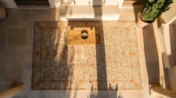 Antique chinese room size wool ivory rug 2 Antique chinese room size wool ivory rug (sku 23471) - styled overhead view