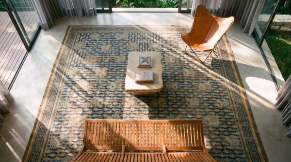 Antique chinese room size wool ivory beige cream white rug 2 Antique chinese room size wool ivory beige cream white rug (sku 24699) - styled overhead view