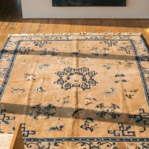 Antique Chinese Room Size Hand Knotted Wool Pile Ningxia Rug (SKU 22990) - styled overhead view