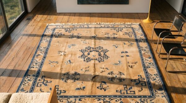 Antique chinese room size hand knotted wool pile ningxia rug 2 Antique chinese room size hand knotted wool pile ningxia rug (sku 22990) - styled overhead view