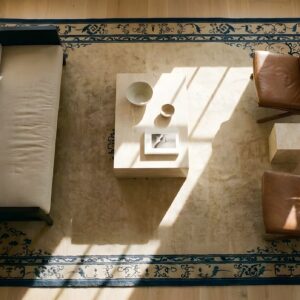 Wool Antique Knotted Chinese Room Size - Peking Ivory Rectangle 1900s Rug (SKU 23540) - styled overhead view