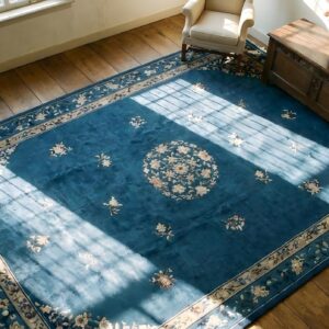 Chinese Room Size Rectangle Blue 1920s Knotted Antique - Peking Wool Rug (SKU 23264) - styled overhead view