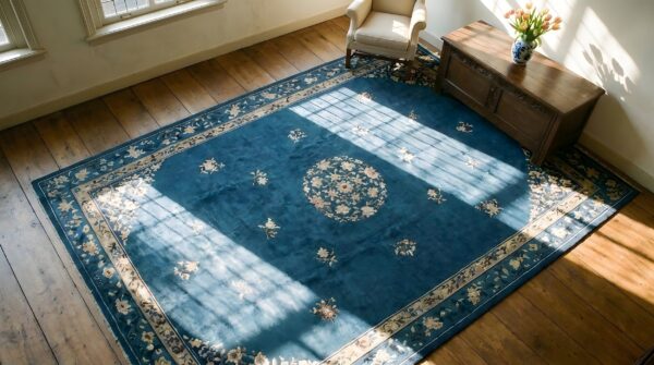 Chinese room size rectangle blue 1920s knotted antique - peking wool rug 2 Chinese room size rectangle blue 1920s knotted antique - peking wool rug (sku 23264) - styled overhead view