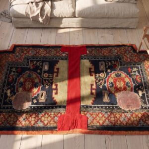Antique Chinese Wool Pile Hand Knotted Saddle Horse Cover Rug (SKU 21985) - styled overhead view