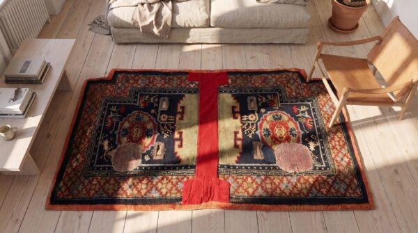 Antique chinese wool pile hand knotted saddle horse cover rug 2 Antique chinese wool pile hand knotted saddle horse cover rug (sku 21985) - styled overhead view