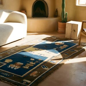 Antique Chinese Saddle Rug Horse Cover Wool Navy and Brown Carpet (SKU 23824) - room view