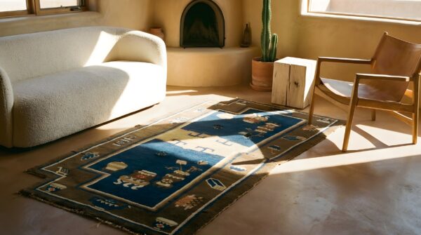 Antique chinese saddle rug horse cover wool navy and brown carpet (sku 23824) - room view