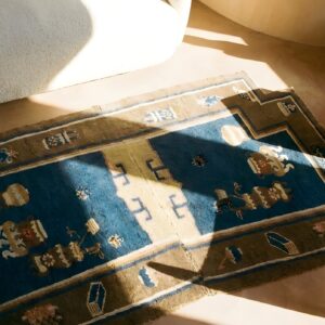 Antique Chinese Saddle Rug Horse Cover Wool Navy and Brown Carpet (SKU 23824) - styled overhead view