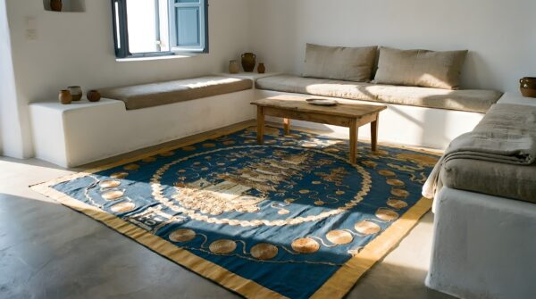 Antique chinese scenic architectural square textile art 8 Antique chinese scenic architectural square textile art (sku 23670) - room view