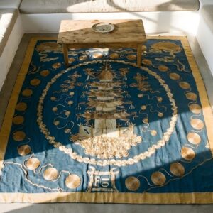 Antique Chinese Scenic Architectural Square Textile Art (SKU 23670) - styled overhead view