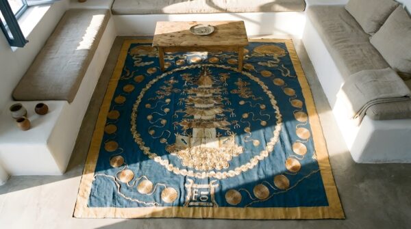 Antique chinese scenic architectural square textile art 2 Antique chinese scenic architectural square textile art (sku 23670) - styled overhead view