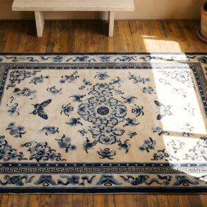 Antique Chinese - Silk Knotted Rug (SKU 23143) - styled overhead view