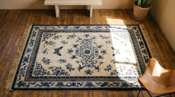 Antique chinese - silk knotted rug (sku 23143) - styled overhead view