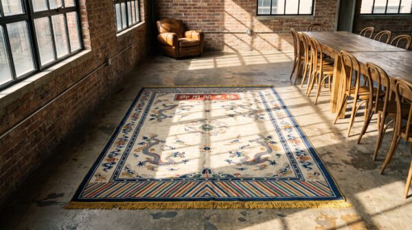 Antique chinese - silk small scatter size silk & metallic thread ivory rug 10 Antique chinese - silk small scatter size silk & metallic thread ivory rug (sku 22201) - room view