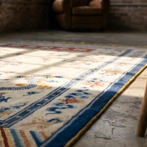 Antique Chinese - Silk Small Scatter Size Silk & Metallic Thread Ivory Rug (SKU 22201) - in-room detail