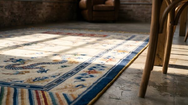 Antique chinese - silk small scatter size silk & metallic thread ivory rug 11 Antique chinese - silk small scatter size silk & metallic thread ivory rug (sku 22201) - in-room detail