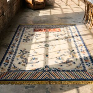 Antique Chinese - Silk Small Scatter Size Silk & Metallic Thread Ivory Rug (SKU 22201) - styled overhead view