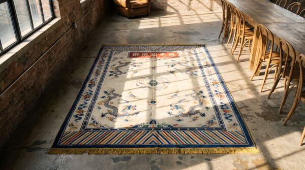 Antique chinese - silk small scatter size silk & metallic thread ivory rug 2 Antique chinese - silk small scatter size silk & metallic thread ivory rug (sku 22201) - styled overhead view