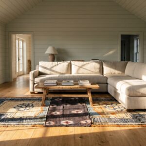 Antique Chinese Small Saddle Rug Horse Cover Wool Blue Navy, Ivory Carpet (SKU 24319) - room view