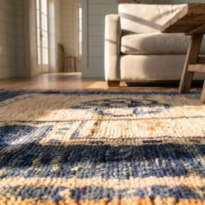 Antique Chinese Small Saddle Rug Horse Cover Wool Blue Navy, Ivory Carpet (SKU 24319) - in-room detail