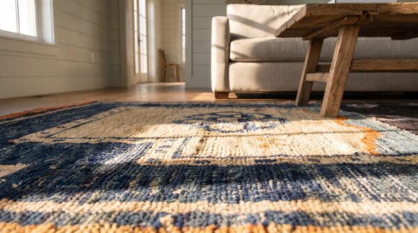 Antique chinese small saddle rug horse cover wool blue navy, ivory carpet 10 Antique chinese small saddle rug horse cover wool blue navy, ivory carpet (sku 24319) - in-room detail