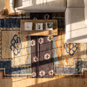 Antique Chinese Small Saddle Rug Horse Cover Wool Blue Navy, Ivory Carpet (SKU 24319) - styled overhead view