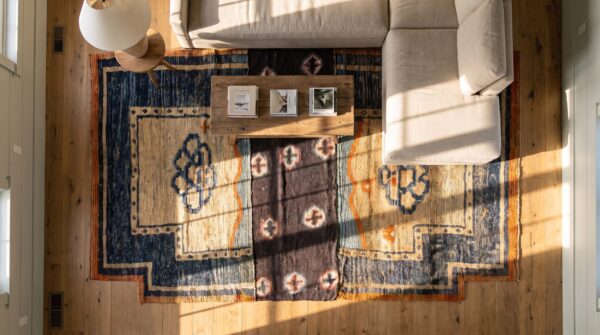 Antique chinese small saddle rug horse cover wool blue navy, ivory carpet 2 Antique chinese small saddle rug horse cover wool blue navy, ivory carpet (sku 24319) - styled overhead view