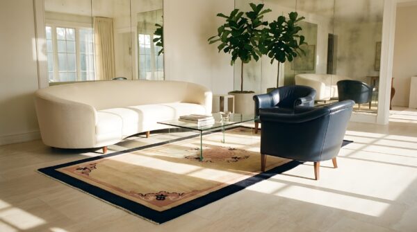 Wool chinese small scatter size 1920s knotted rectangle - art deco antique rug 7 Wool chinese small scatter size 1920s knotted rectangle - art deco antique rug (sku 22278) - room view