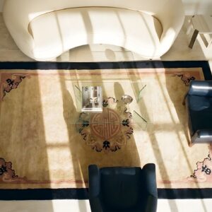 Wool Chinese Small Scatter Size 1920s Knotted Rectangle - Art Deco Antique Rug (SKU 22278) - styled overhead view