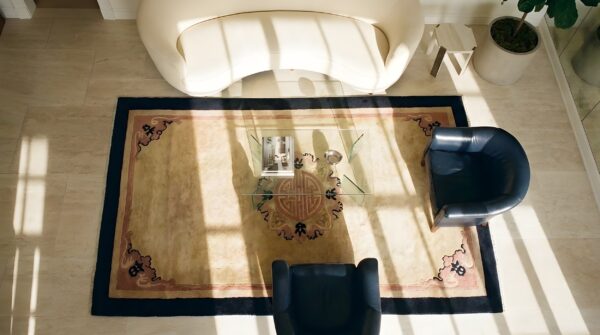 Wool chinese small scatter size 1920s knotted rectangle - art deco antique rug 2 Wool chinese small scatter size 1920s knotted rectangle - art deco antique rug (sku 22278) - styled overhead view
