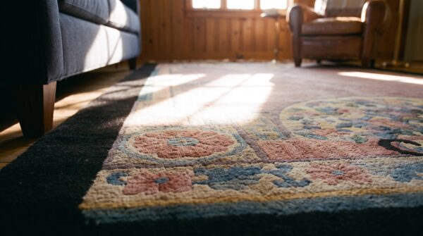 Antique chinese wool small scatter size - art deco knotted 1920s rectangle rug (sku 24487) - in-room detail