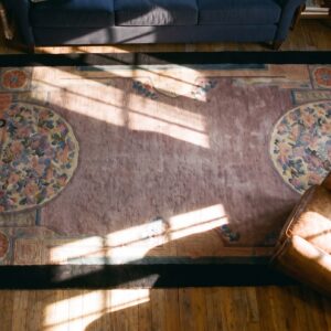 Antique Chinese Wool Small Scatter Size - Art Deco Knotted 1920s Rectangle Rug (SKU 24487) - styled overhead view