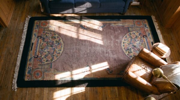 Antique chinese wool small scatter size - art deco knotted 1920s rectangle rug (sku 24487) - styled overhead view