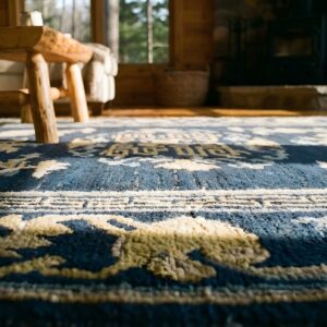 Antique Chinese Small Scatter Size Blue Floral Medallion Peking Wool Pile Rug (SKU 23556) - in-room detail