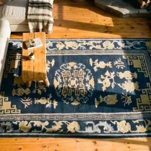 Antique Chinese Small Scatter Size Blue Floral Medallion Peking Wool Pile Rug (SKU 23556) - styled overhead view
