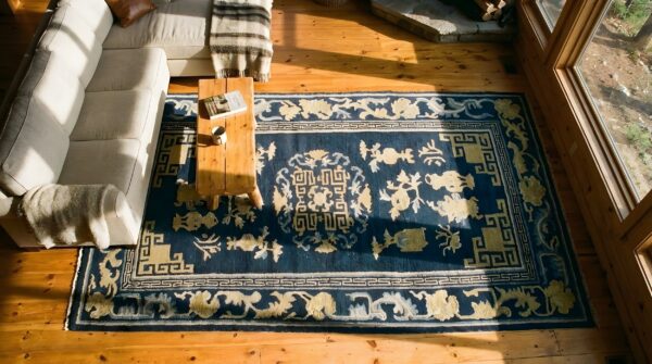 Antique chinese small scatter size blue floral medallion peking wool pile rug 2 Antique chinese small scatter size blue floral medallion peking wool pile rug (sku 23556) - styled overhead view