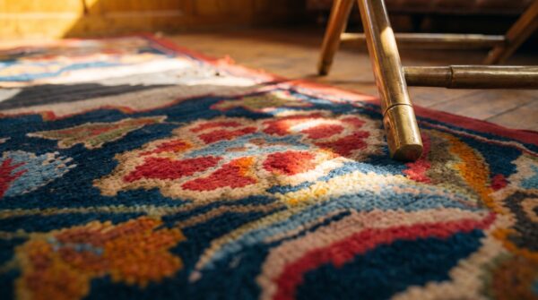 Antique chinese small scatter size wool coral rug 7 Antique chinese small scatter size wool coral rug (sku 21993) - in-room detail