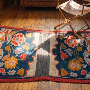 Antique Chinese Small Scatter Size Wool Coral Rug (SKU 21993) - styled overhead view