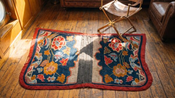 Antique chinese small scatter size wool coral rug 2 Antique chinese small scatter size wool coral rug (sku 21993) - styled overhead view