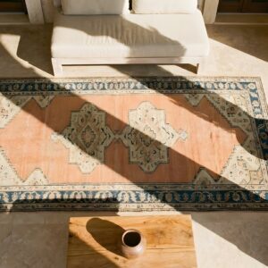 Antique Chinese Small Scatter Size Wool Horse Cover Rug (SKU 23737) - styled overhead view