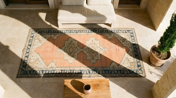 Antique chinese small scatter size wool horse cover rug 2 Antique chinese small scatter size wool horse cover rug (sku 23737) - styled overhead view