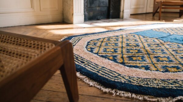 Antique chinese small scatter size wool multicolor rug (sku 21731) - in-room detail